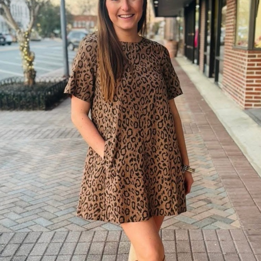 Love Riche Boutique Corduroy Short Sleeve Leopard Mini A line Dress Black Brown